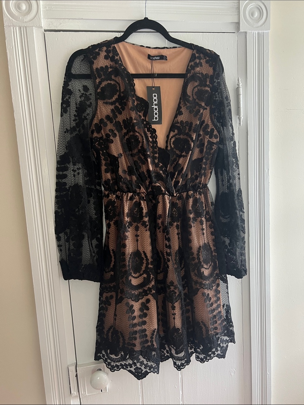 Boohoo Black Lace Overlay with Nude Underlay Long Sleeve Dress